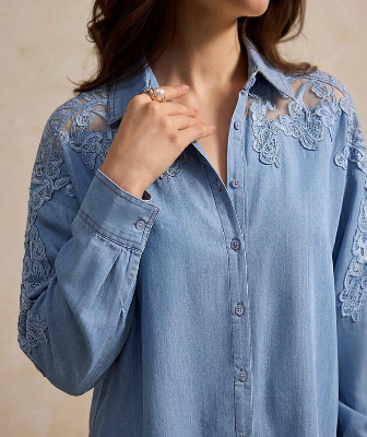 ALIAO Summer Vintage Casual Faux Denim Shirt, Lace Patchwork Lapel Collar Commuting & Holiday Daily Wear Long Sleeve Top — view 2