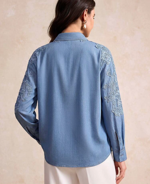 ALIAO Summer Vintage Casual Faux Denim Shirt, Lace Patchwork Lapel Collar Commuting & Holiday Daily Wear Long Sleeve Top — view 3