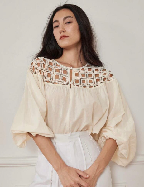 DAZY Summer Casual Vacation Hollow Out Lace Splicing Loose Elegant Short Sleeve Blouse For Women