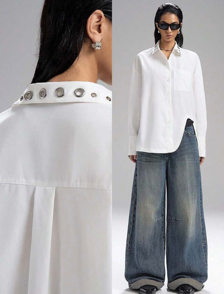 LYSMO 2025 New Arrive Minimalism Fall Winter Women's Metal Eyelet Collar Asymmetric Hem Loose Oversized Shirt,White Shirt — view 2