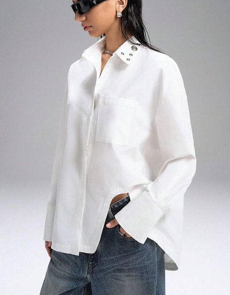 LYSMO 2025 New Arrive Minimalism Fall Winter Women's Metal Eyelet Collar Asymmetric Hem Loose Oversized Shirt,White Shirt