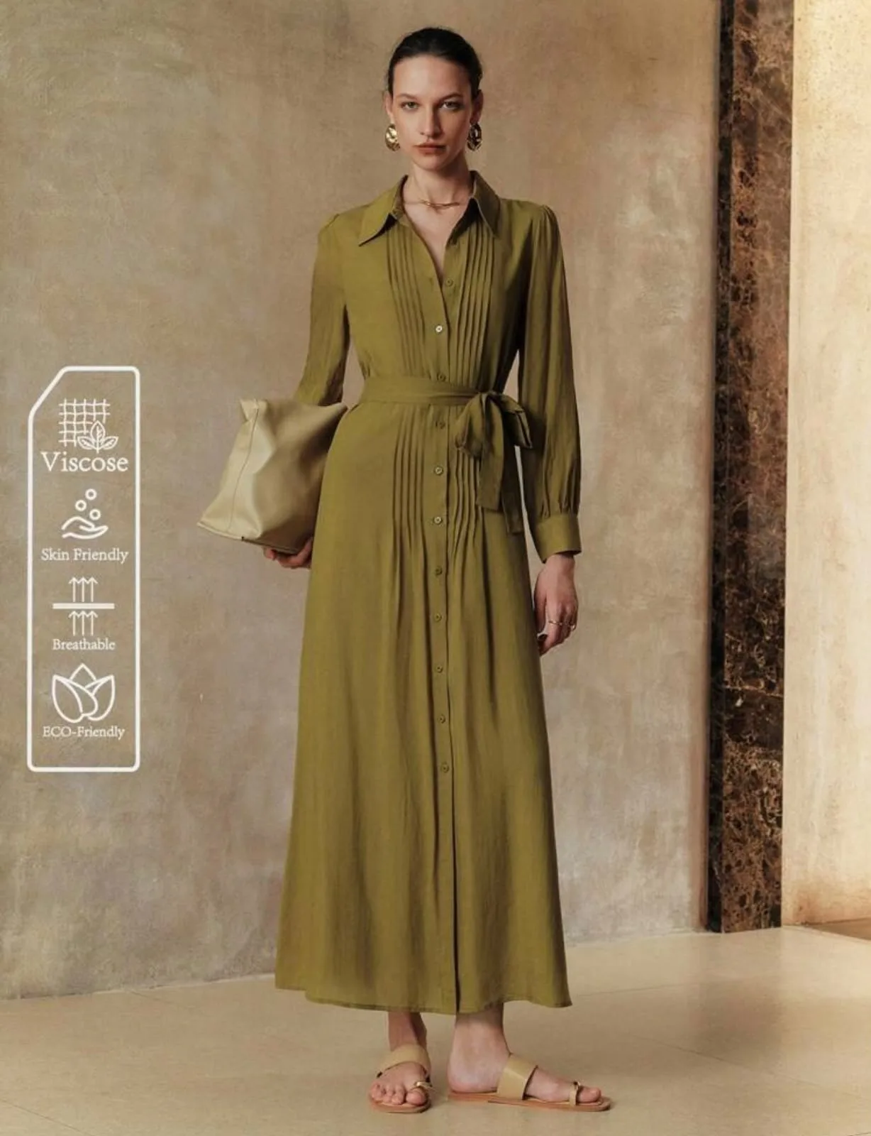 Arave Women Summer Elegant Olive Green Autumn Viscose Pleated Shirt Collar Button Down Long Sleeve Cinched Waist Dress Everyday,Commute & Vacation