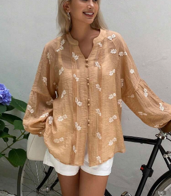 DAZY Floral Jacquard Fabric Loose Long Sleeve Pleated Lantern Sleeve Casual Vacation Blouse For Women, Autumn