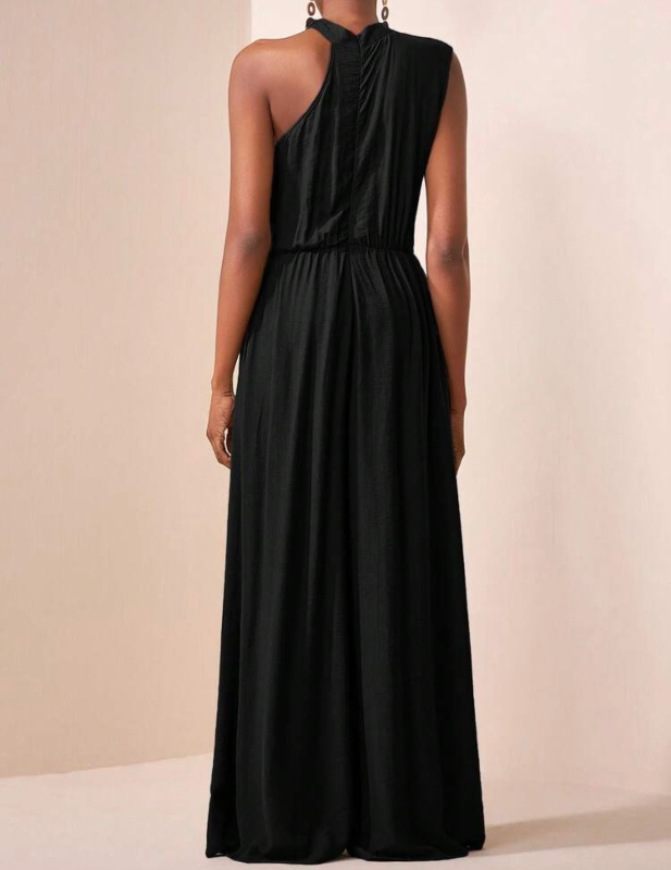 Zivah Women's Black Summer Elegant Dining Sleeveless High Collar Pile Collar One Shoulder Loose Jumpsuit Wide Leg Super Long Pants With Pockets Vacation — view 3