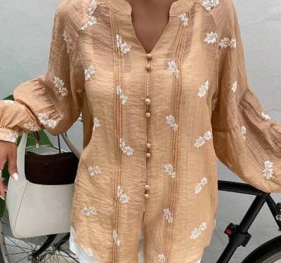 DAZY Floral Jacquard Fabric Loose Long Sleeve Pleated Lantern Sleeve Casual Vacation Blouse For Women, Autumn — view 3