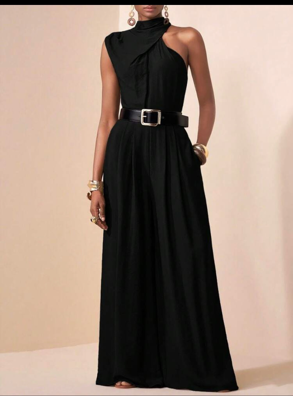 Zivah Women's Black Summer Elegant Dining Sleeveless High Collar Pile Collar One Shoulder Loose Jumpsuit Wide Leg Super Long Pants With Pockets Vacation