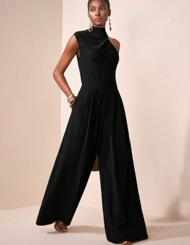 Zivah Women's Black Summer Elegant Dining Sleeveless High Collar Pile Collar One Shoulder Loose Jumpsuit Wide Leg Super Long Pants With Pockets Vacation — view 2