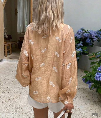 DAZY Floral Jacquard Fabric Loose Long Sleeve Pleated Lantern Sleeve Casual Vacation Blouse For Women, Autumn — view 2